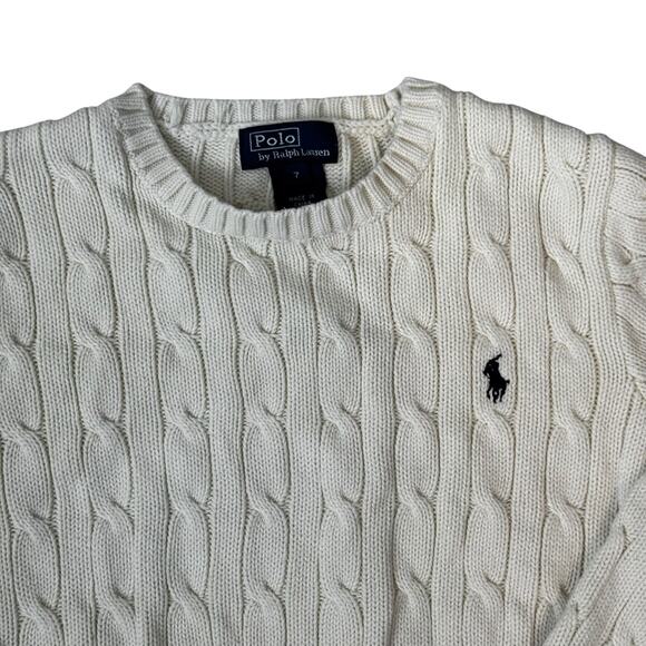 Polo Ralph Lauren Cable Knit Cream Sweater Size 7 Kids Classic Preppy Crewneck - Picture 3 of 5